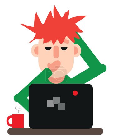 Illustration for Man in front of a computer yawns, illustration or icon, vector on white background. - Royalty Free Image