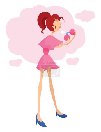 Illustration for Girl in pink with perfume, illustration, vector on a white background. - Royalty Free Image