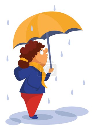 Ilustración de Chica con paraguas amarillo, ilustración, vector sobre un fondo blanco. - Imagen libre de derechos