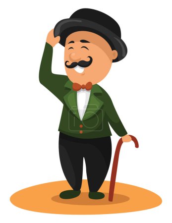 Illustration for Man with mustache and cane, illustration, vector on a white background. - Royalty Free Image