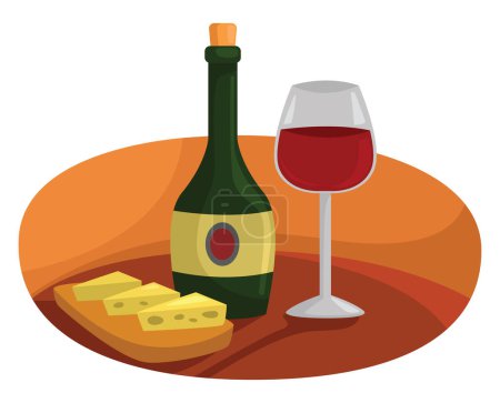 Téléchargez les illustrations : Bouteille de vin avec fromage, illustration, vecteur sur fond blanc. - en licence libre de droit