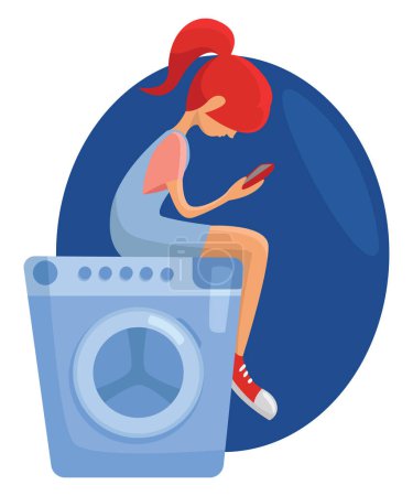 Téléchargez les illustrations : Fille assise sur une machine à laver, illustration, vecteur sur un fond blanc. - en licence libre de droit