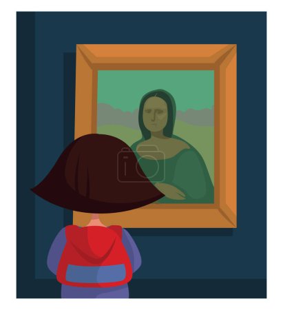 Téléchargez les illustrations : Fille regardant la peinture de Mona Lisa, illustration, vecteur sur un fond blanc. - en licence libre de droit