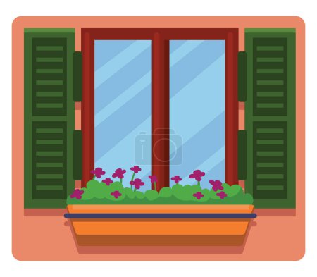 Téléchargez les illustrations : Fenêtres avec fleurs, illustration, vecteur sur fond blanc. - en licence libre de droit