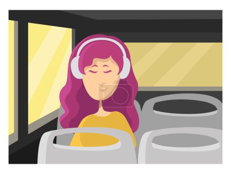 Photo for Girl in the bus listening to music, illustration, vector on a white background. - Royalty Free Image
