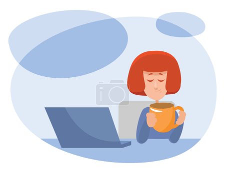 Illustration for Girl enjoying evening tea, illustration, vector on a white background. - Royalty Free Image