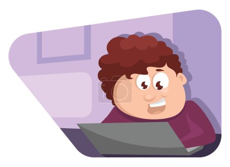 Ilustración de Niño con el pelo rojo trabajando en un ordenador portátil, ilustración, vector sobre un fondo blanco. - Imagen libre de derechos