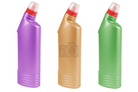 Photo for Three plastic bottle for detergent cleaning agen iIsolated on white background. Plastic bottle isolated with clipping path. Empty space for text - Royalty Free Image