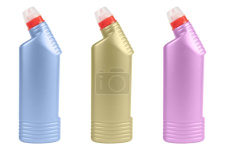 Photo for Three plastic bottle for detergent cleaning agen iIsolated on white background. Blue, yellow and pink plastic bottle isolated with clipping path. Empty space for text - Royalty Free Image