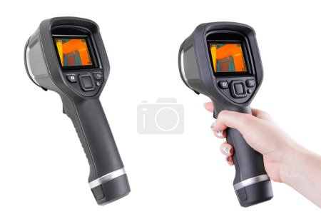 Thermal imager isolated on a white background. Monitoring the temperature distribution of the investigated surface. Thermal imaging camera inspection isolated. Check heat loss