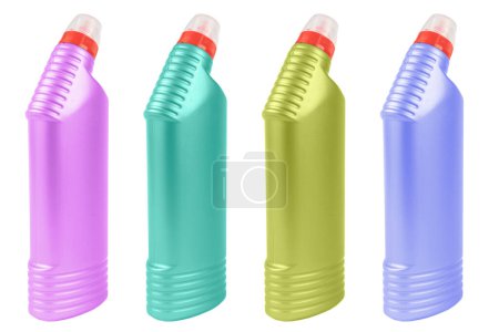 Photo for Four plastic bottle for detergent cleaning agent iIsolated on white background. Plastic bottle isolated with clipping path. Empty space for text - Royalty Free Image