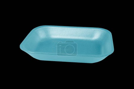 Photo for Disposable blue plastic lunch box container isolated on black background. Plastic container isolated. Single-use plastic packaging - Royalty Free Image