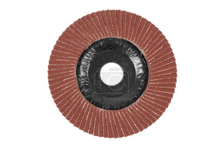 Foto de Disco de rectificado de una amoladora angular aislada sobre un fondo blanco. Nuevas ruedas abrasivas. Rueda de solapa para amoladora - Imagen libre de derechos