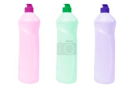 Photo for Three plastic bottle for detergent cleaning agen iIsolated on white background. Plastic bottle isolated with clipping path. Empty space for text - Royalty Free Image