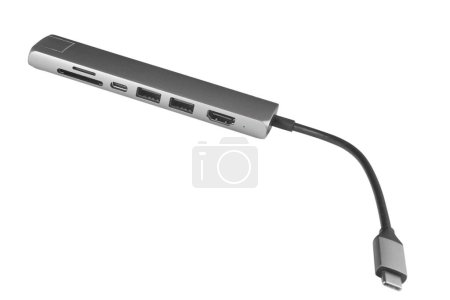 Téléchargez les photos : Hublot adaptateur USB de type C avec câbles HDMI, USB, SD microSD, Ethernet, HDMI. Convertisseur câbles pour ordinateurs et smartphones isolés sur fond blanc - en image libre de droit