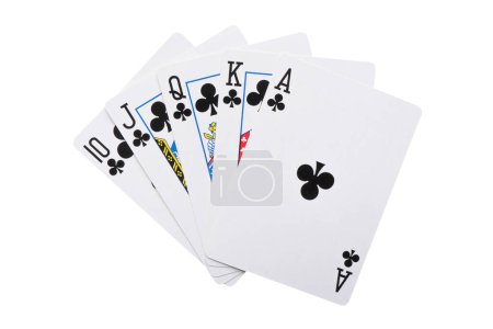 Foto de Jugando a las cartas aisladas sobre fondo blanco. Mano de cartas de clubes aislados. - Imagen libre de derechos