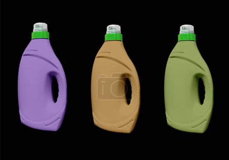 Photo for Three plastic bottle for detergent cleaning agent iIsolated on black background. Plastic bottle isolated with clipping path. Empty space for text - Royalty Free Image