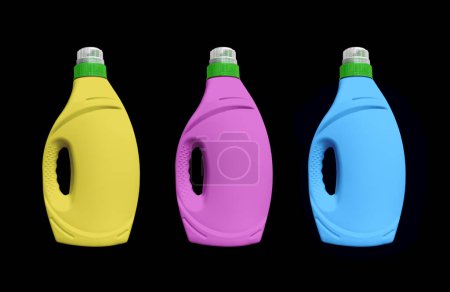 Photo for Three plastic bottle for detergent cleaning agent iIsolated on black background. Plastic bottle isolated with clipping path. Empty space for text - Royalty Free Image