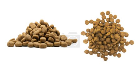 Dry pet food isolated on white background. Food for cats and dogs pattern. Heap of granulated animal feeds. Granules of good nutrition for dogs and cats isolated. Top view