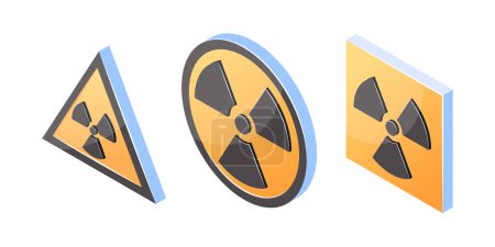 Illustration for Ionizing radiation 3d signs. Set of hazard isometric icons with a trefoil. Vector illustration isolated on a white background. - Royalty Free Image