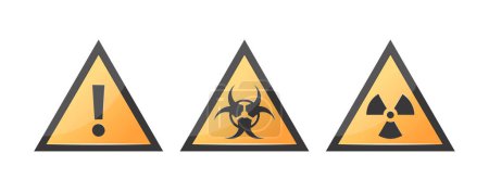 Illustration for Hazard icons, yellow triangle warning signs. Generic caution, biohazard, ionizing radiation symbols. Vector illustration isolated on a white background. - Royalty Free Image