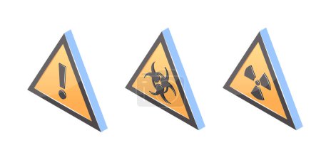 Illustration for 3d hazard icons, yellow triangle warning signs in isometric view. Generic caution, biohazard, ionizing radiation symbols. Vector illustration isolated on a white background. - Royalty Free Image