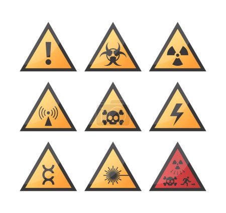 Illustration for Hazard icons, yellow triangle warning symbols. Set of safety signs. Vector illustration isolated on a white background. - Royalty Free Image