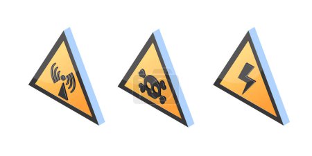 Illustration for Isometric hazard icons, yellow triangle warning 3d signs. Non-ionizing radiation, poison, high voltage symbols. Vector illustration isolated on a white background. - Royalty Free Image