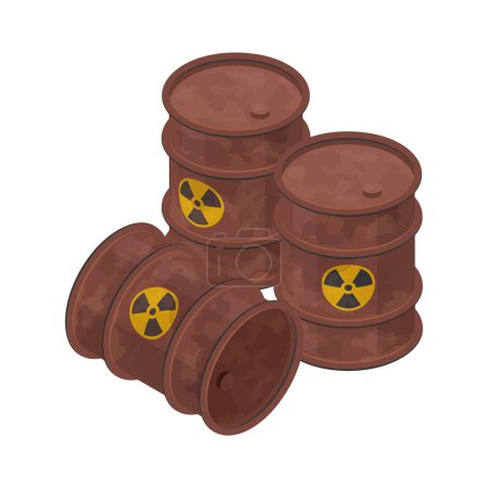 Illustration for Isometric rusty barrels with radioactive waste. 3d icon of metal drums. Vector illustration isolated on a white background in flat style. - Royalty Free Image
