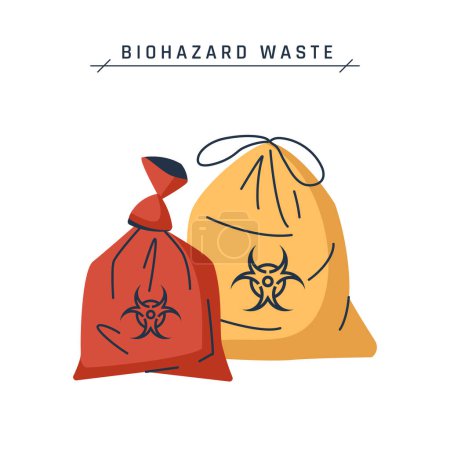 Illustration for Biohazard waste bag. Red containers with hazard sign. Set of vector medical icons in cartoon or flat style isolated on a white background. - Royalty Free Image
