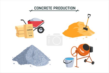 Illustration for Concrete production elements. Piles of sand, gravel, cement, a wheelbarrow and a mixer. Construction site icons. Vector cartoon illustration isolated on a white background. - Royalty Free Image