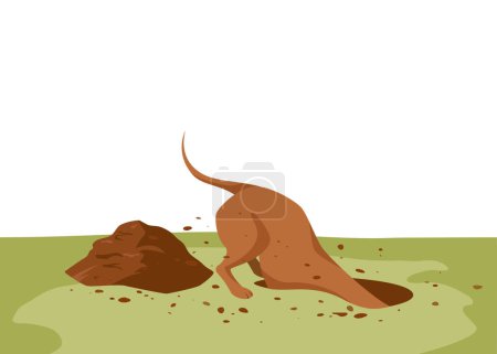 Red dachshund digging a ground pit. Hole in soil and heap of dirt. Vector illustration in cartoon style.