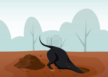 Chien de chasse creusant une fosse. Trou dans le sol et tas de saleté. Illustration vectorielle dans le style dessin animé.