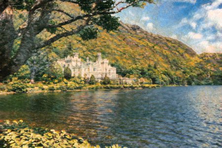 Téléchargez les photos : Digital watercolor painting photo of Kylemore Abbey in Connemara mountains, Ireland Europe - en image libre de droit
