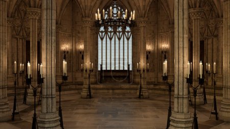 rendu 3D d'un intérieur de château gothique