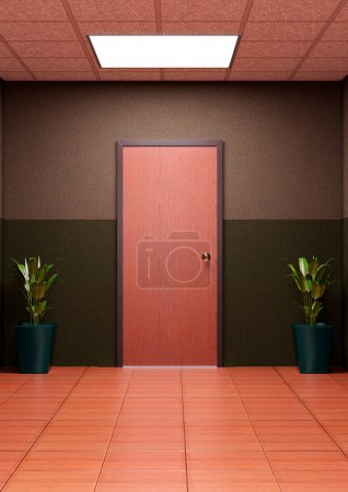 Representación 3D de una puerta roja en un pasillo de negocios