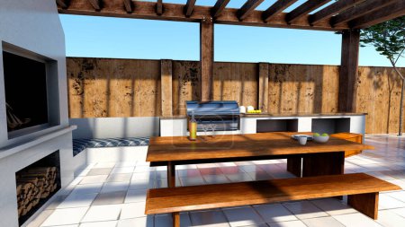 Téléchargez les photos : 3D rendering of a Mediterranean outdoor kitchen exterior - en image libre de droit