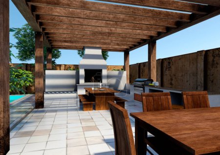 3D rendering of a Mediterranean outdoor kitchen exterior at pool
