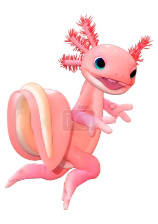3D rendering of a cute pink toon axolotl isolated on white background