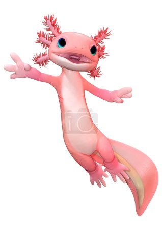 3D-Rendering eines niedlichen rosa Toon Axolotl isoliert auf weißem Hintergrund