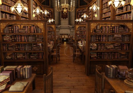 3D-Darstellung eines magischen Bibliotheksinnenraums