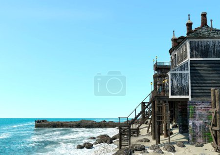 3D rendering of an old pirate village at the seaside