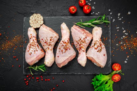 Téléchargez les photos : Raw chicken drumsticks with spices and vegetables. Top view. Healthy food concept. - en image libre de droit