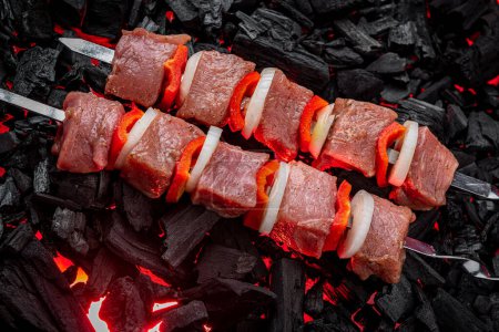 Téléchargez les photos : Fresh meat shish kebab cooked on charcoal. Shashlyk on the grill - en image libre de droit