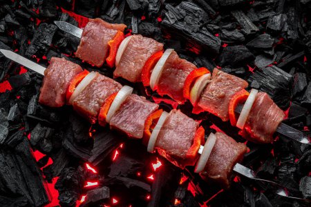 Téléchargez les photos : Fresh meat shish kebab cooked on charcoal. Shashlyk on the grill - en image libre de droit
