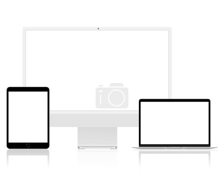 Photo for Mockup of digital devices isolated on white background. Display, laptop and tablet pc with empty screens - Royalty Free Image