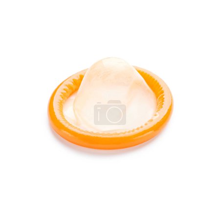 Photo for Orange condom isolated on white background - Royalty Free Image