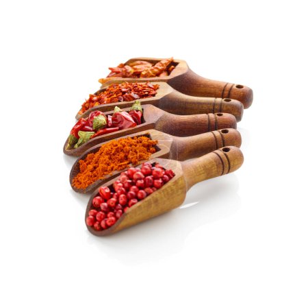 Foto de Pimienta roja triturada, pimentón, pimienta, chile y cayena en cucharas de madera aisladas sobre fondo blanco - Imagen libre de derechos