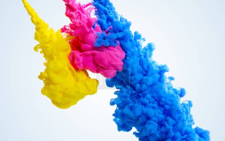 Photo for Splash of yellow, pink and blue paints in water - Royalty Free Image