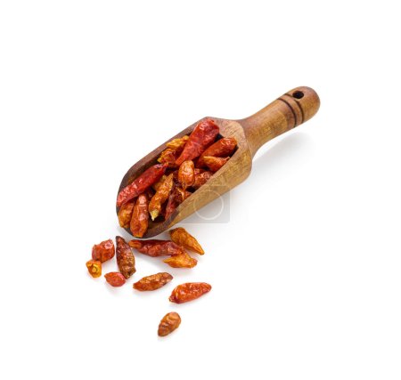 Foto de Pimienta de chile en cuchara de madera aislada sobre fondo blanco - Imagen libre de derechos